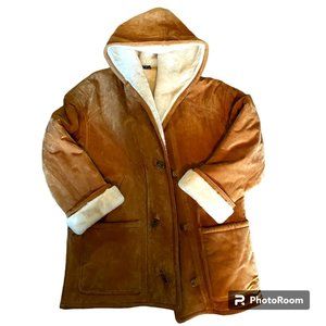 Gallery Vintage Woman's Genuine Leather Sherpa lined hooded Coat sz S